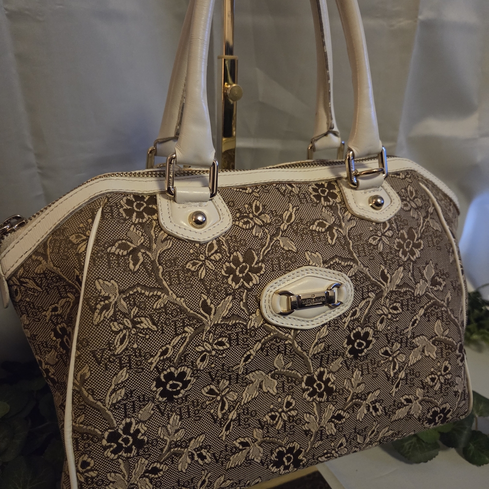 Victor Hugo Jacquard Floral Satchel Bag Cream Leather Trim Italian Fabric Y2K